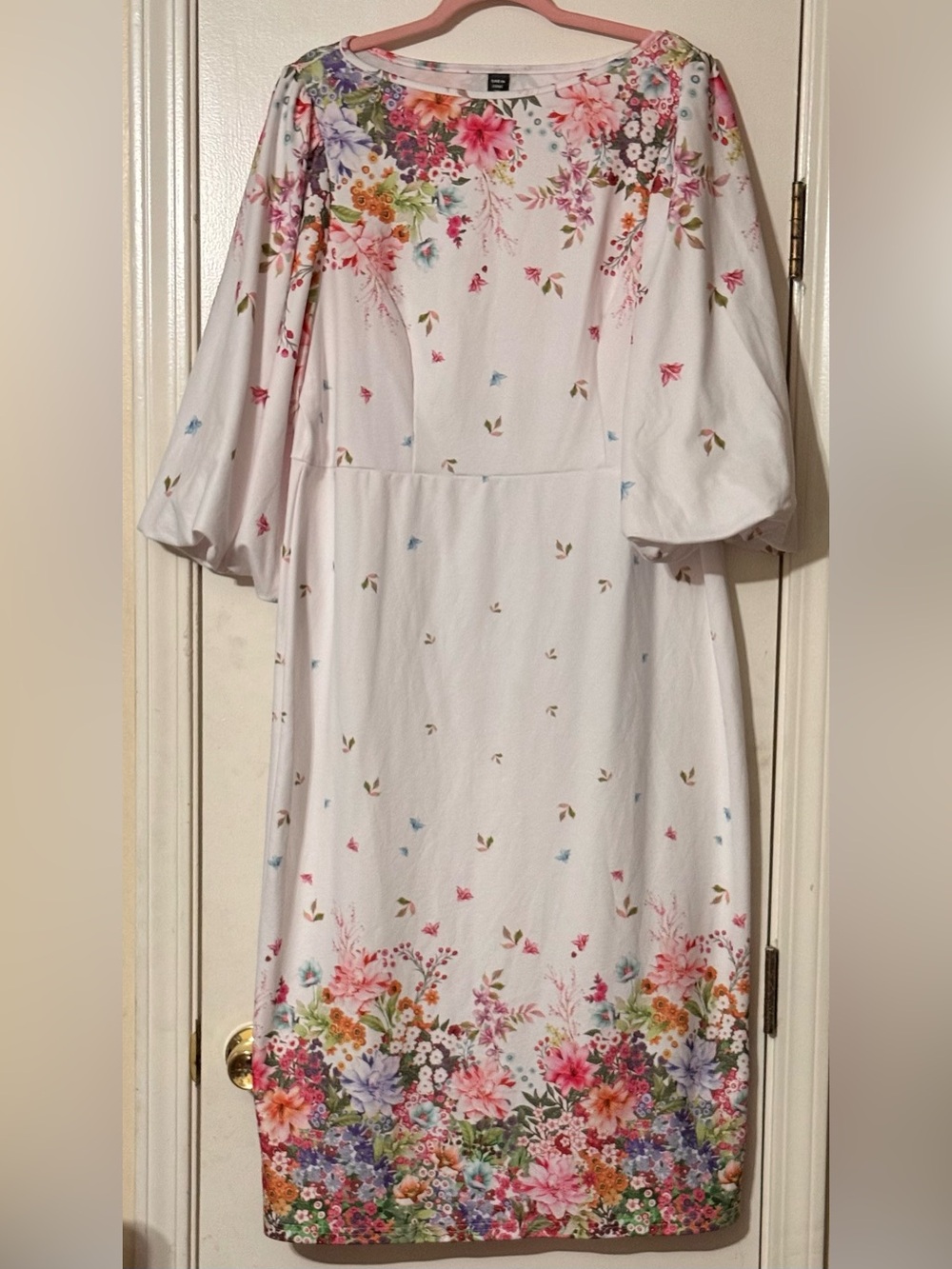 White Floral Midi Dress with Pink & Green Bouquet
